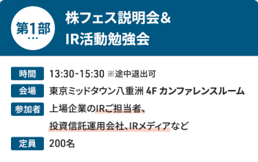 【第1部：株フェス説明会＆ IR活動勉強会】時間：13:30~15:30 ※途中退出可、会場：東京ミッドタウン八重洲 4F カンファレンスルーム、参加者：上場企業のIRご担当者、 投資信託運用会社、IRメディアなど、定員：200名