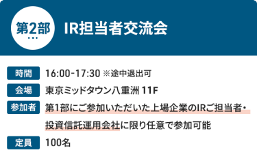 【第2部：IR担当者交流会】時間：16:00-17:30 ※途中退出可、会場：東京ミッドタウン八重洲 11F、参加者：第1部にご参加いただいた上場企業のIRご担当者・投資信託運用会社に限り 任意で参加可能、定員：100名