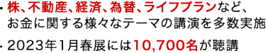 ・株、不動産、経済、為替、ライフプランなど、お金に関する様々なテーマの講演を多数実施 ・2023年１月春展には10,700名が聴講