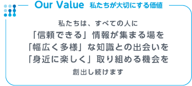 私たちは、すべての人に​ 「信頼できる」情報が集まる場を​ 「幅広く多様」な知識との出会いを​ 「身近に楽しく」取り組める機会を 創出し続けます​